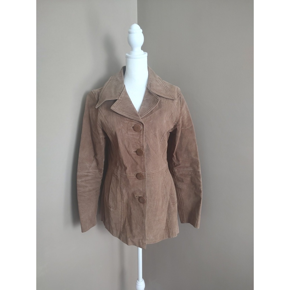 Jennyfer J Womens Suede Leather Jacket Camel Tan Button Front Blazer Size M